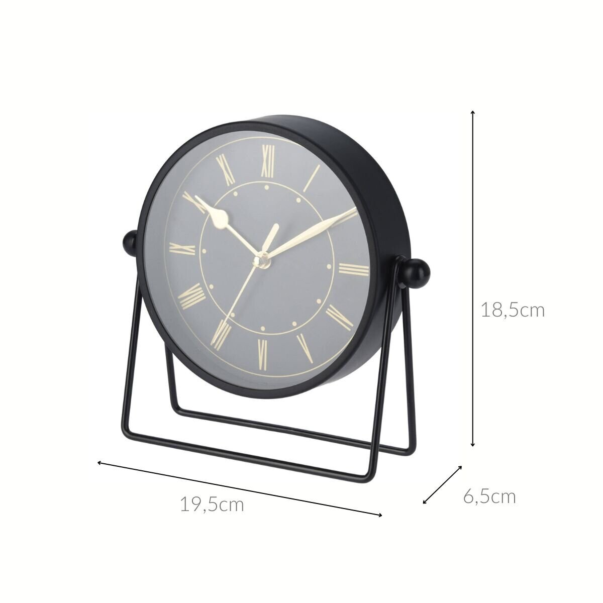 Czarny zegar stołowy ze złotymi wskazówkami, 19,5 x 6,5 x 18,5 cm