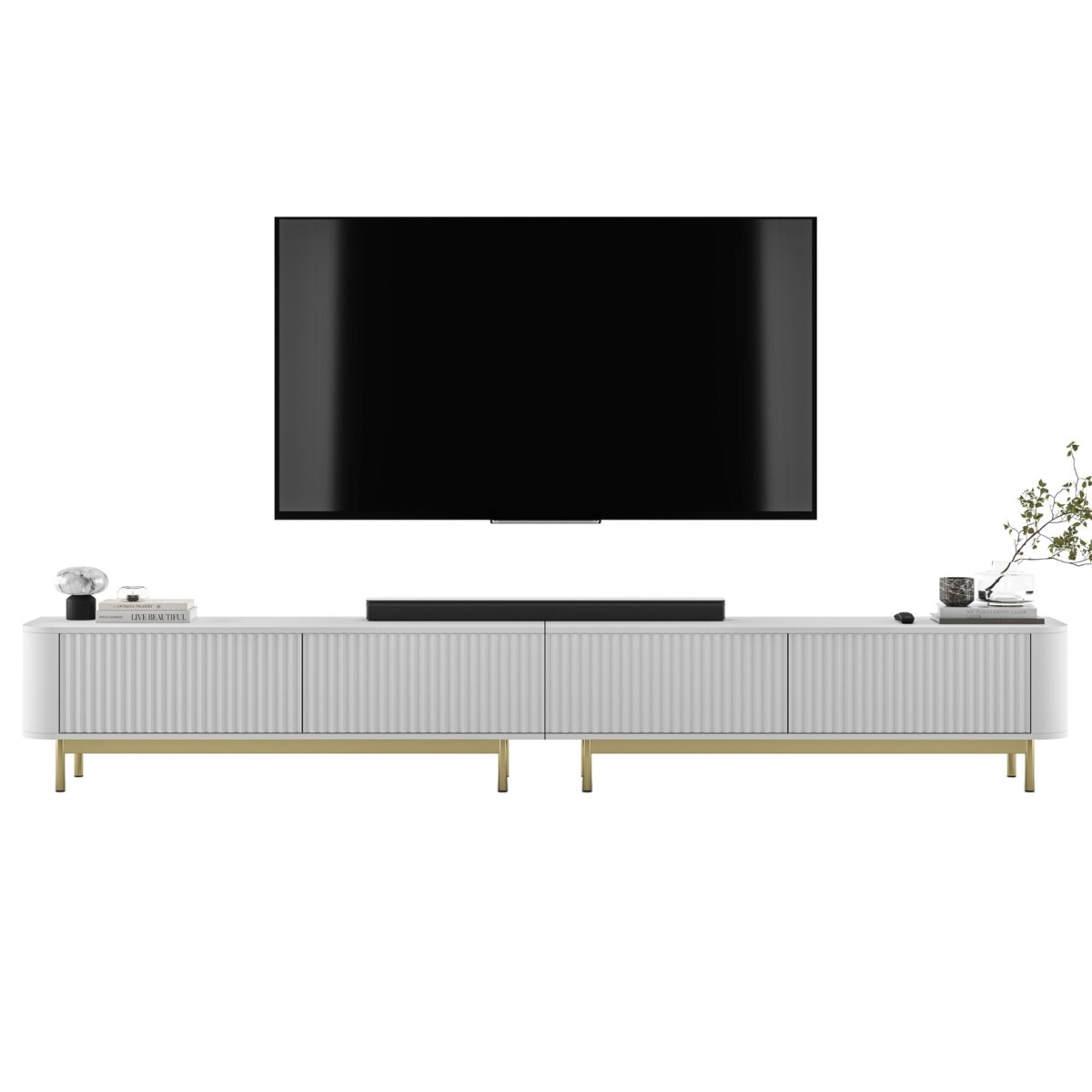Szafka RTV Komoda RTV 280 cm Glamour Biały Mat Złoty Stelaż