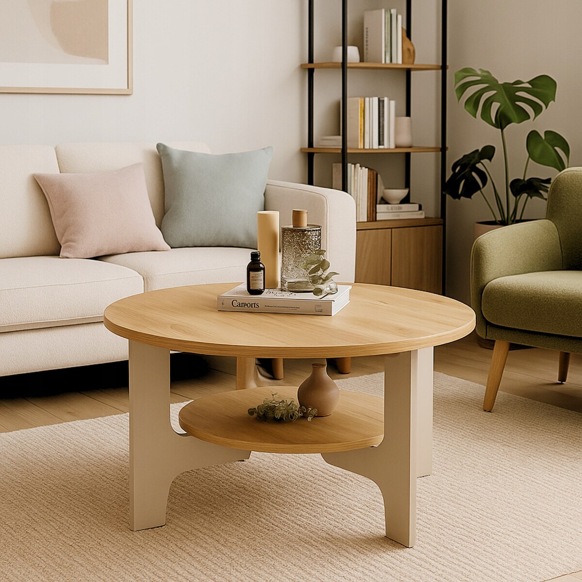 Stolik Kawowy KASZMIR Dąb Artisan 80cm Okrągły JAPANDI BOHO Salon