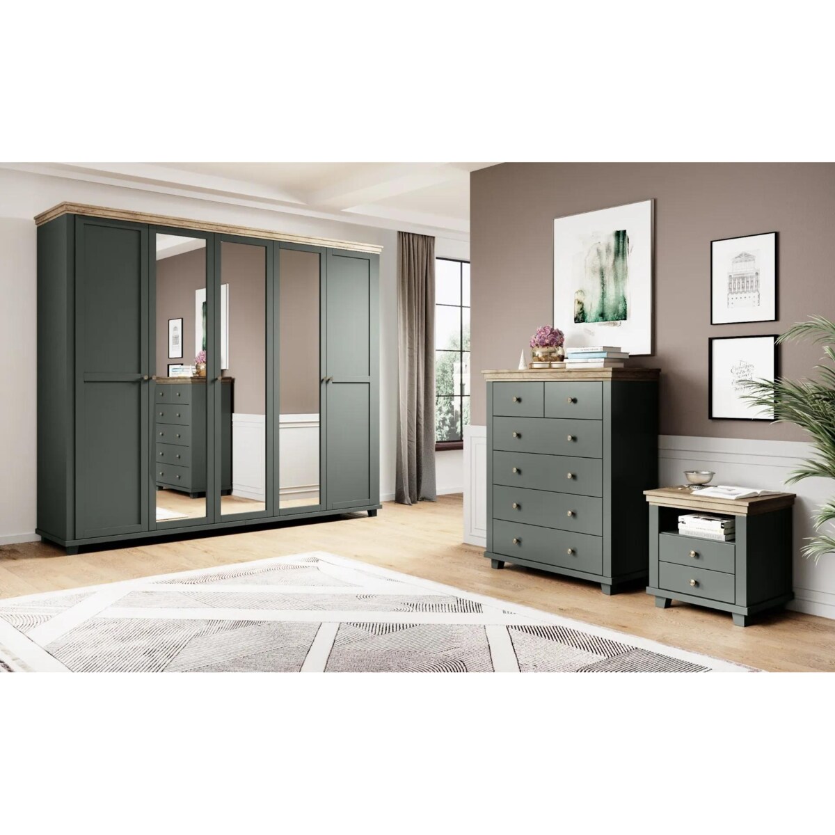 Komoda wysoka EVORA 6S 90cm zielona mat/dąb lefkas z szufladami