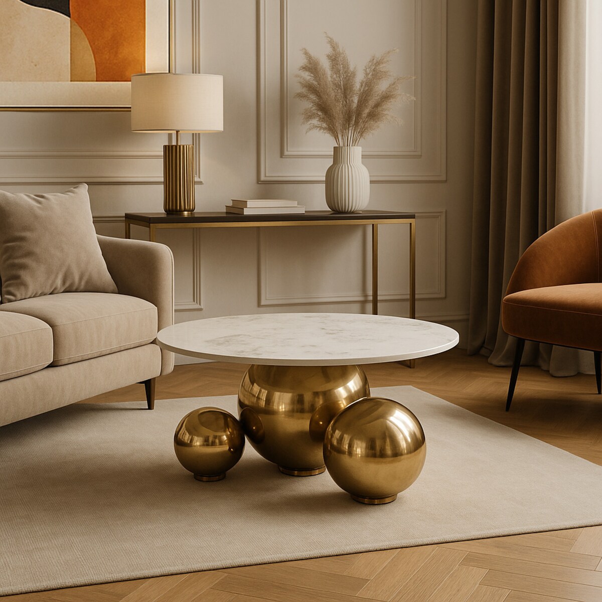 Złoty stolik kawowy Premium Milenio z kamiennym blatem marmurkowym Trio 80x45