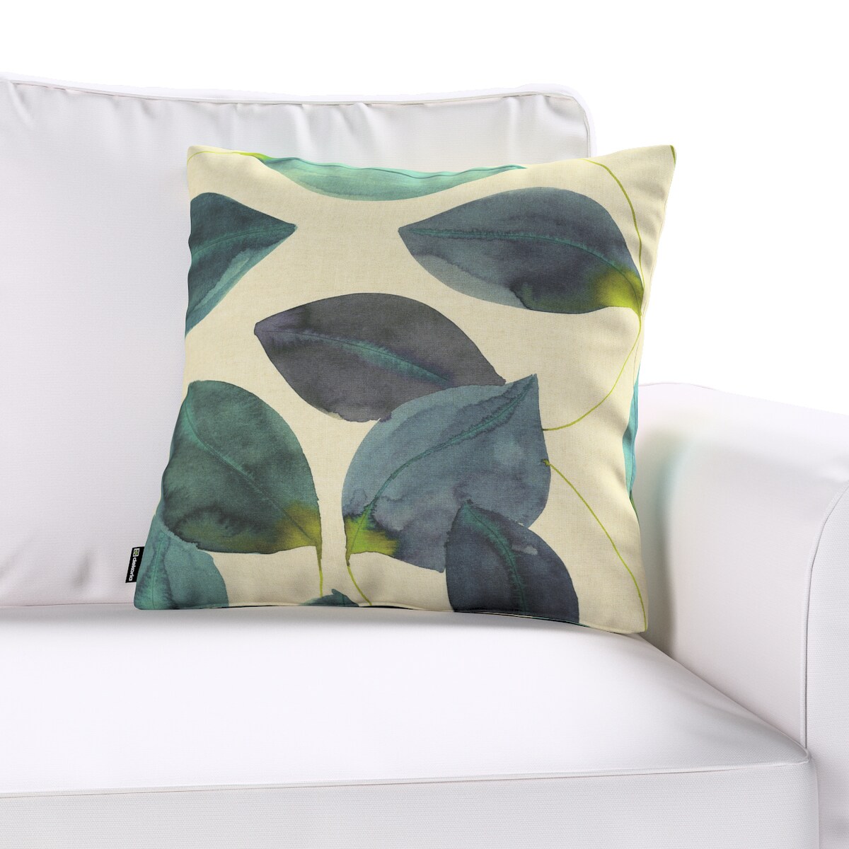 Poszewka Kinga na poduszkę 60x60 liście w kolorze szmaragdowej zieleni z fioletem na lnianym tle