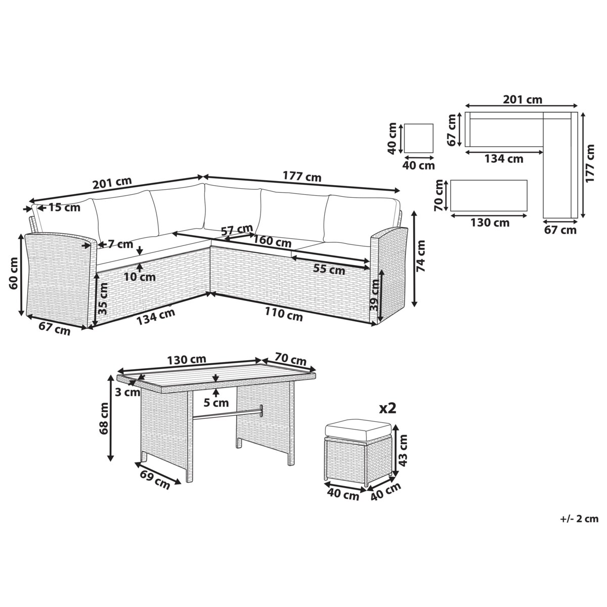 Zestaw ogrodowy ze stolikiem i otomaną dla 5 osób BARDI z poduszkami Technorattan Beżowoszary
