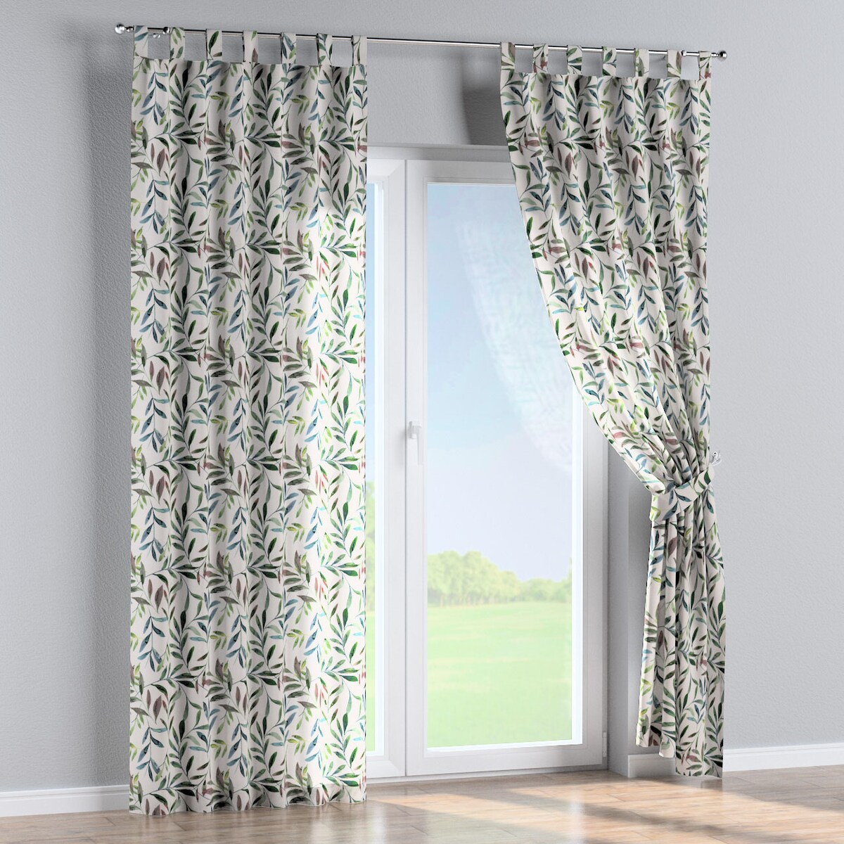 Zasłona na szelkach 1 szt. 130x260 zielone gałązki na białym tle