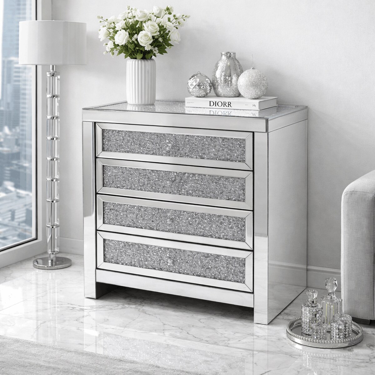 Szklana komoda glamour z kryształkami i szufladami 75x90x45