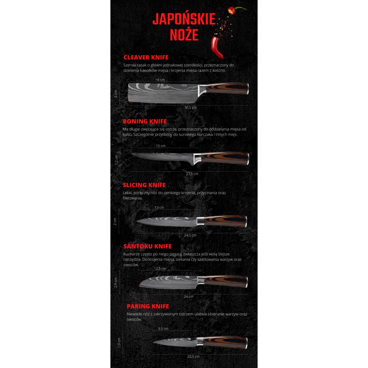 Japoński nóż szefa kuchni Muteki w pudełku prezentowym Stal wysokowęglowa