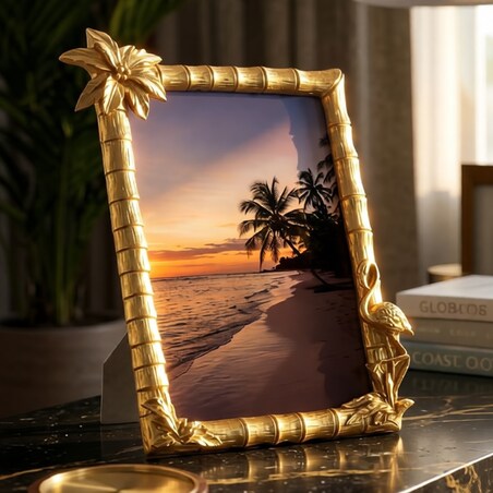 Ramka na zdjęcia Flamingo, zdjęcie 15 x 20 cm, kolor złoty, żywica syntetyczna, rama 25 x 2,8 x 21 cm, na fotografie i portrety, Mauro Ferretti