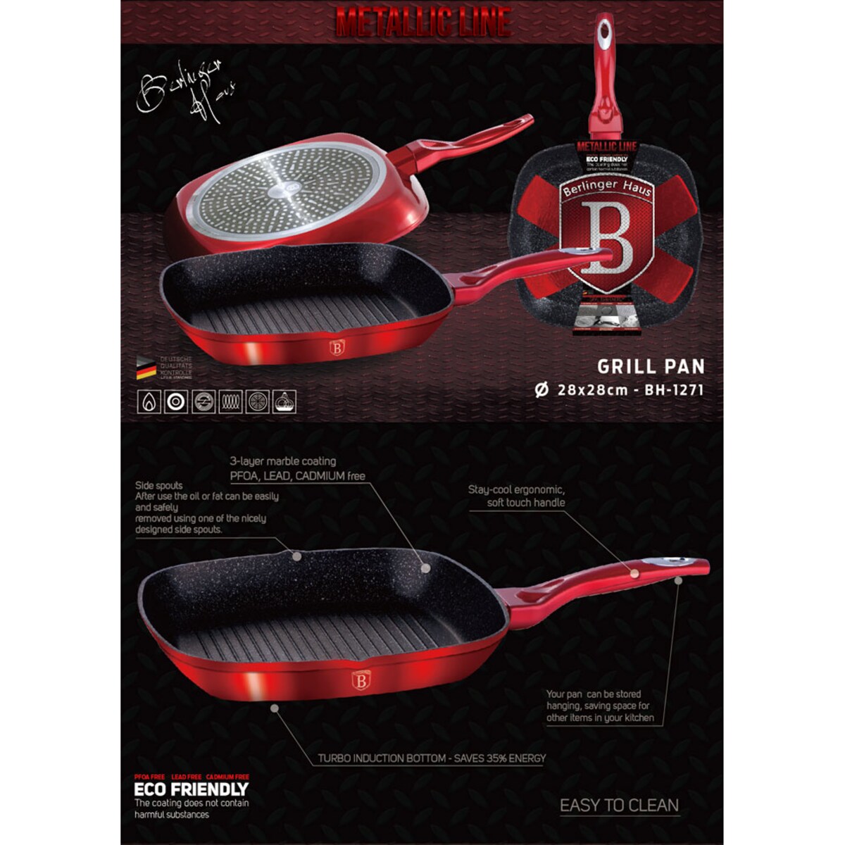 Patelnia z powłoką granitową grill 28cm BERLINGER HAUS Metallic Burgundy