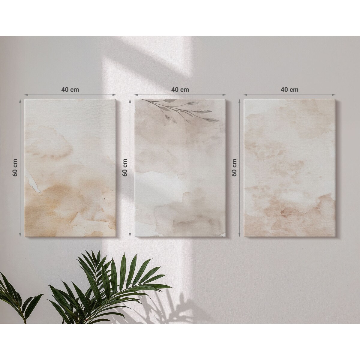 Zestaw 3 dużych obrazów na płótnie - Akwarelowe liście pastelowe - beżowy