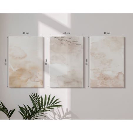 Zestaw 3 dużych obrazów na płótnie - Akwarelowe liście pastelowe - beżowy