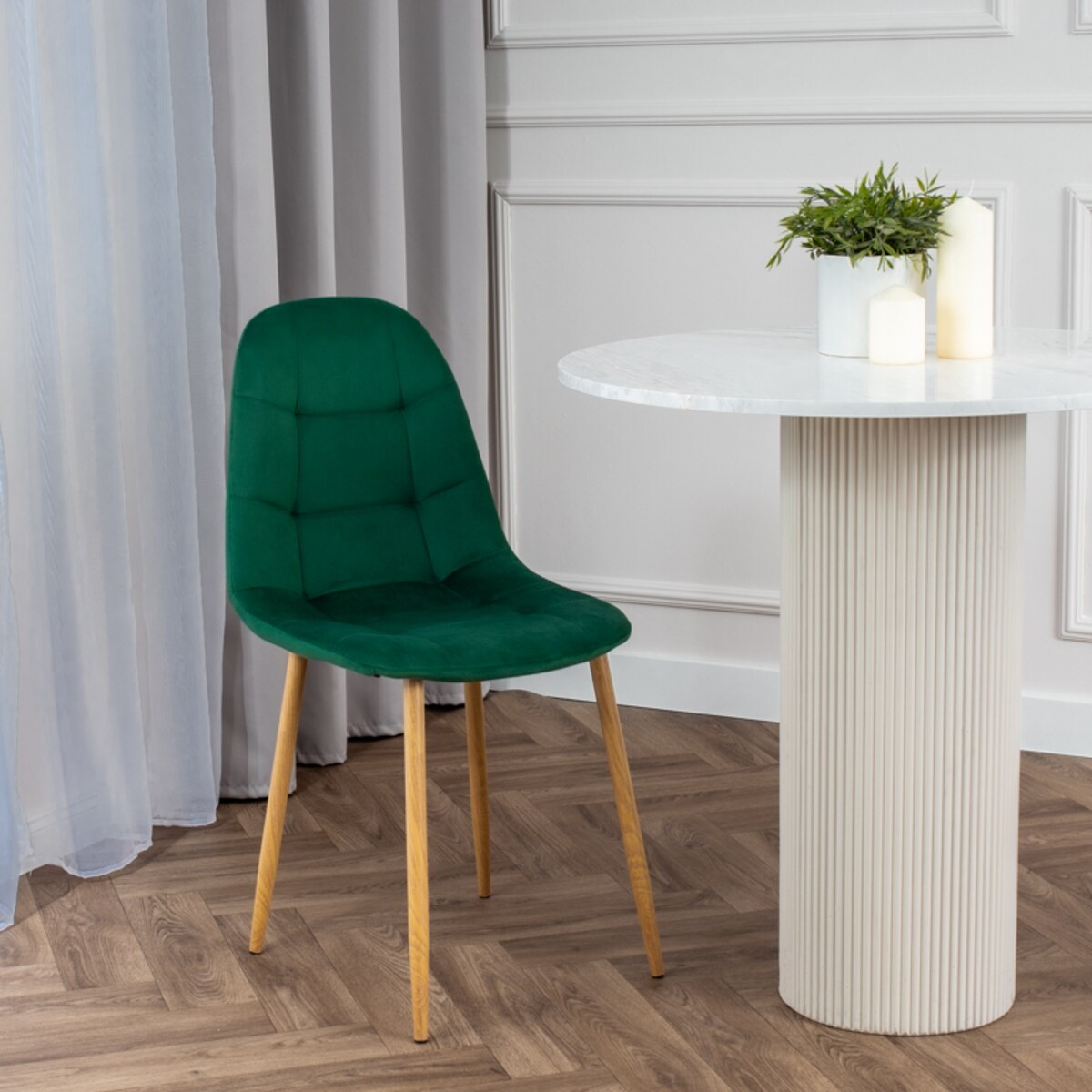 Krzesło tapicerowane do salonu jadalni welurowe pikowane nowoczesne zielone
