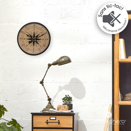 Zegar ścienny LOFT z motywem RÓŻA WIATRÓW, cichy mechanizm, Ø 38 cm