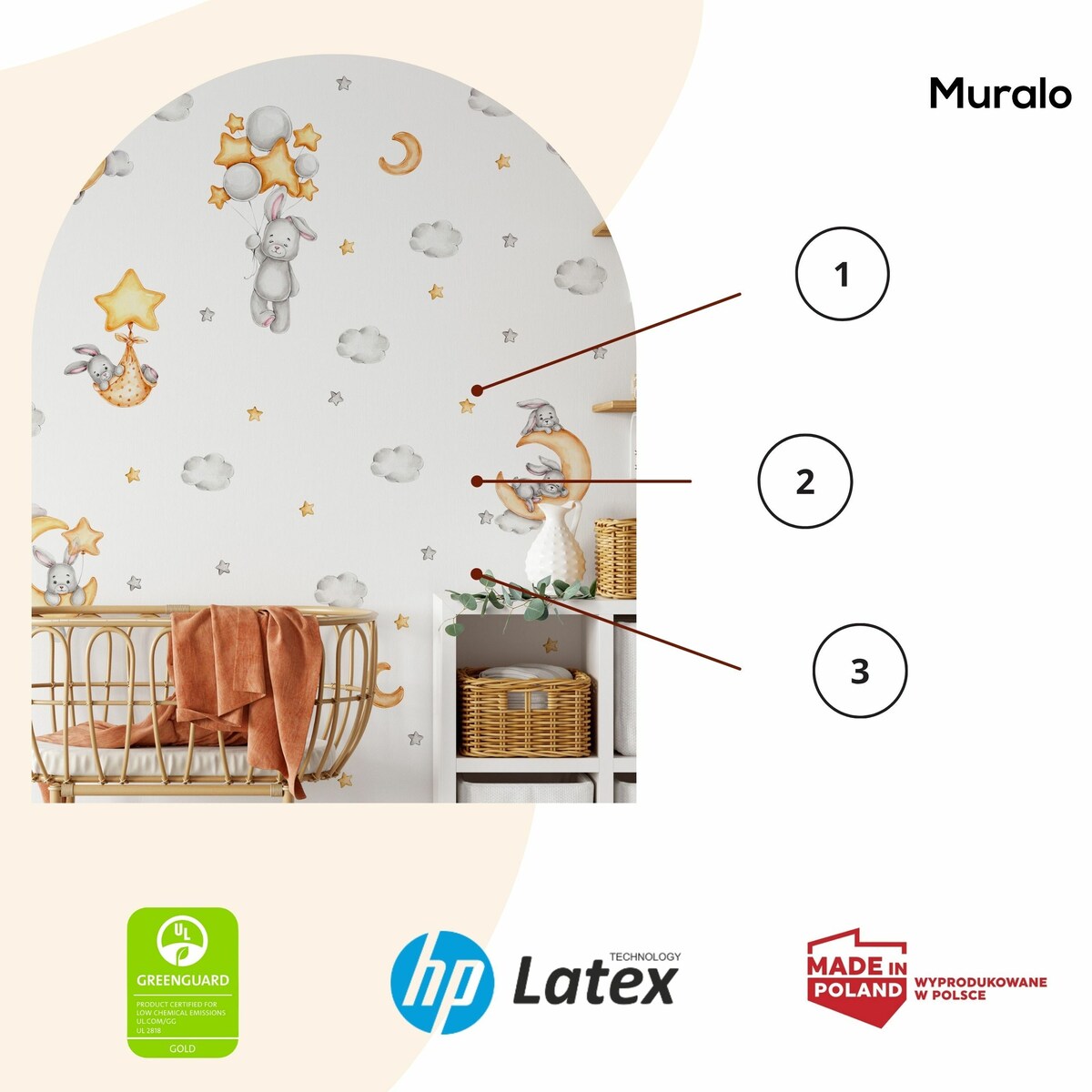 Naklejki Ścienne Dla Dzieci Szare Króliczki Chmurki Gwiazdy Księżyce ZESTAW 120x60cm