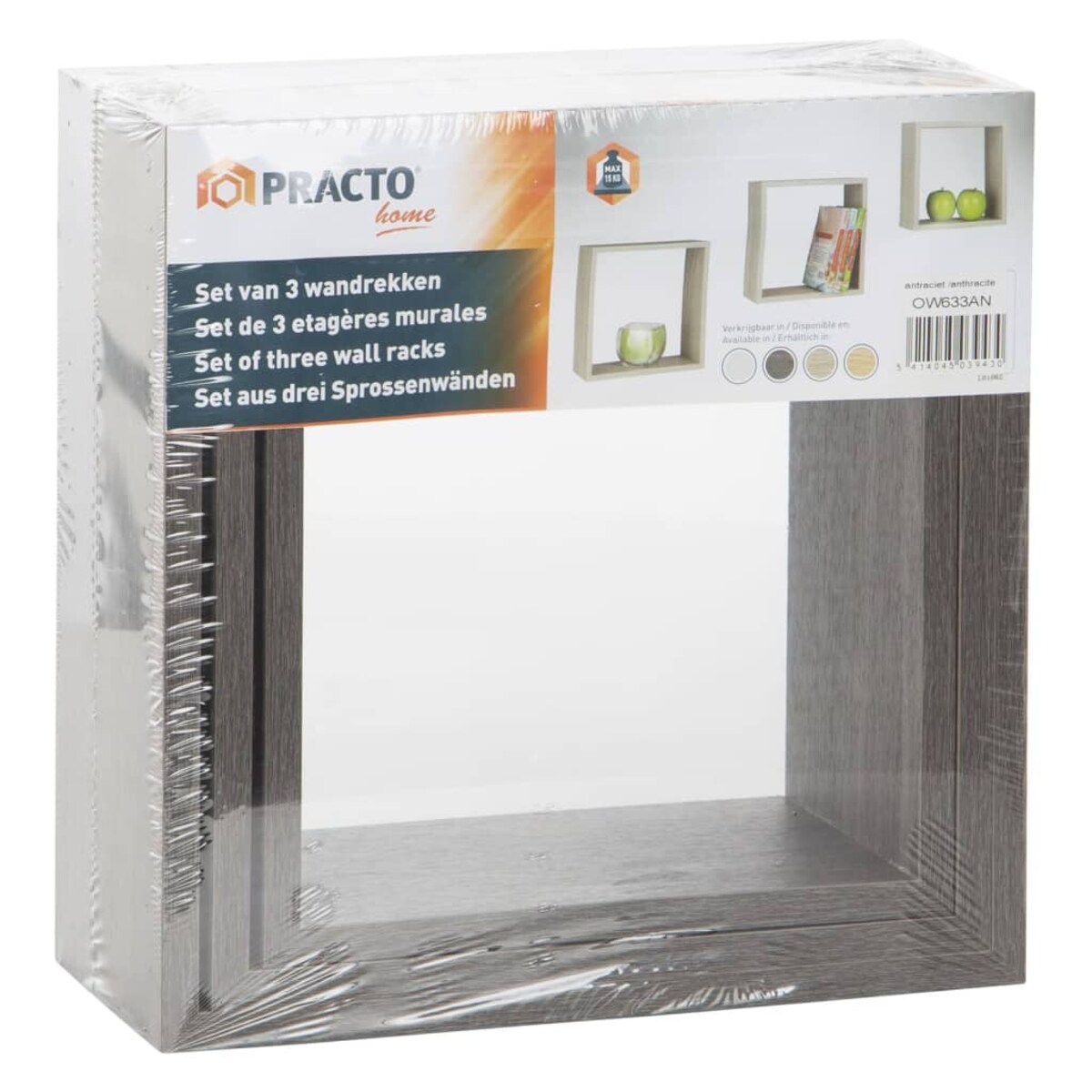 Practo Home Półki ścienne, 3 szt., drewniane, antracytowe