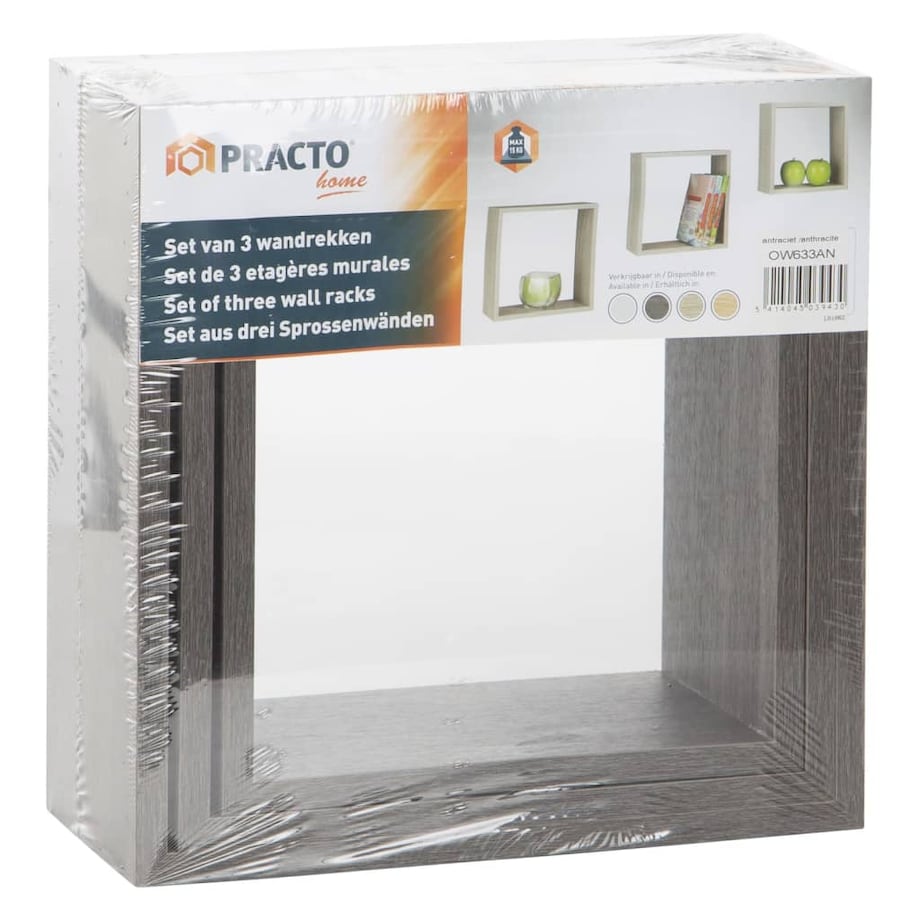 Practo Home Półki ścienne, 3 szt., drewniane, antracytowe
