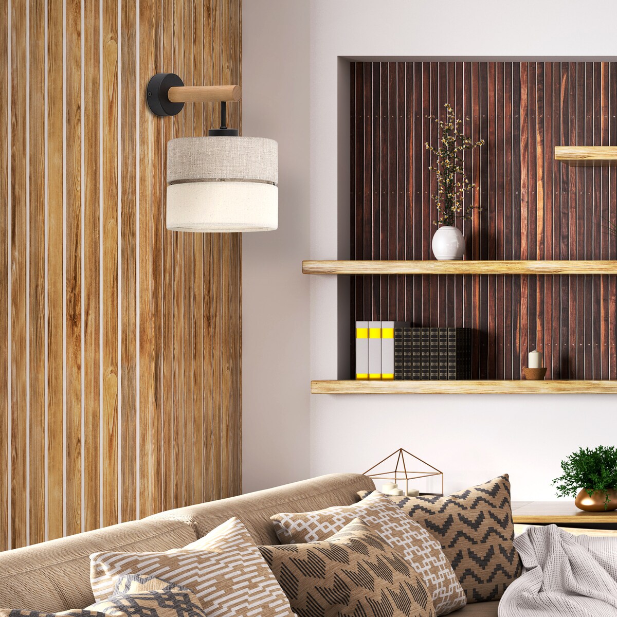 Kinkiet ścienny TK Lighting ECO 5776 E27 szaro-beżowy z drewnem i czernią, nowoczesna lampa do salonu i sypialni