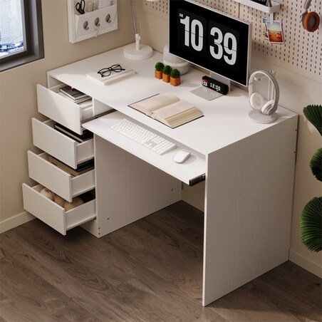 BIURKO KOMPUTEROWE STOLIK BIAŁE MŁODZIEŻOWE NOWOCZESNE Z SZUFLADAMI I PÓŁKĄ