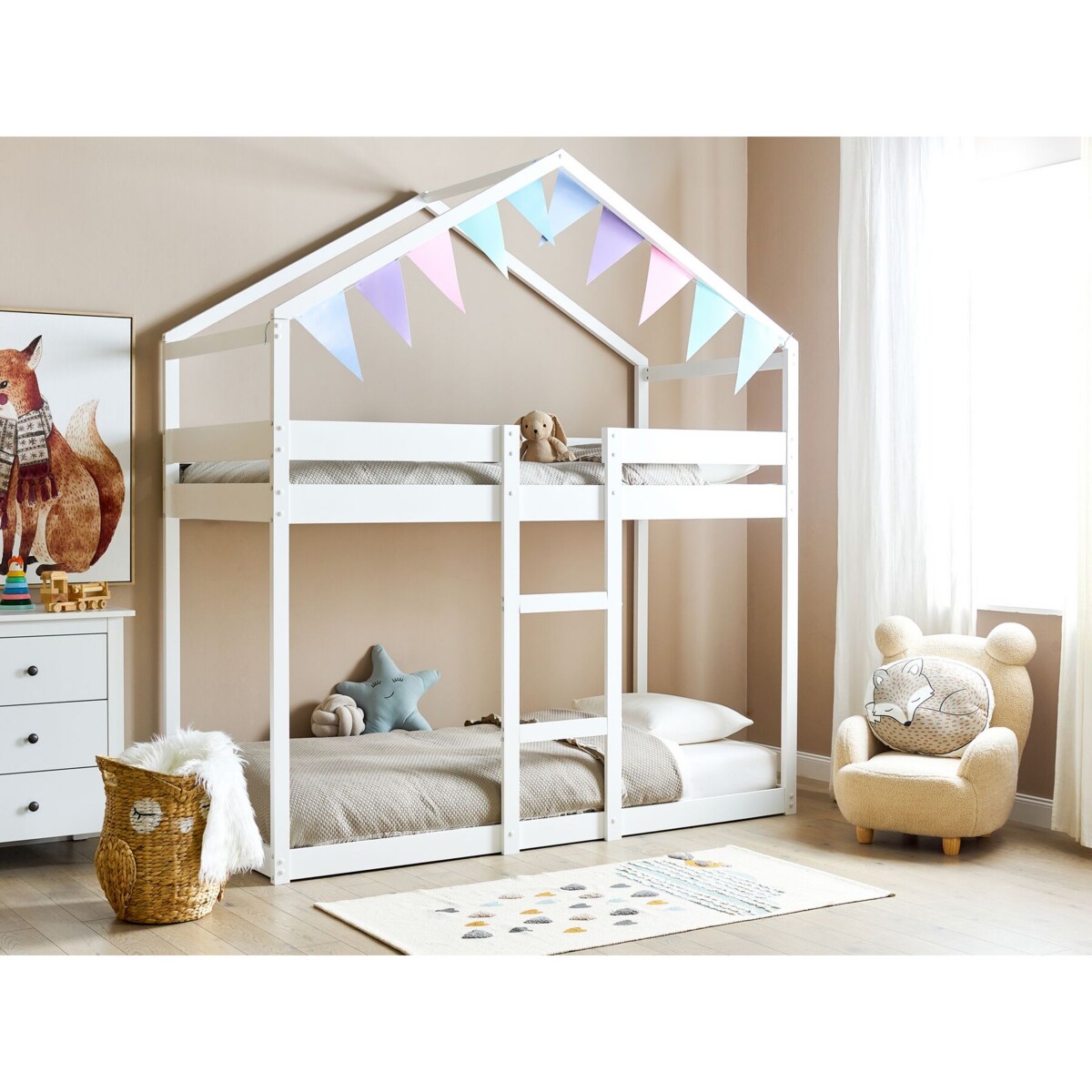 Łóżko piętrowe dziecięce domek drewniane 90 x 200 cm białe LABATUT