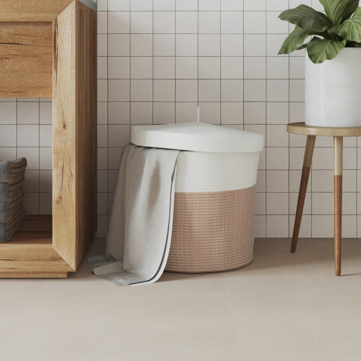 vidaXL Kosz z pokrywą, brązowo-biały, Ø40x35 cm, bawełna