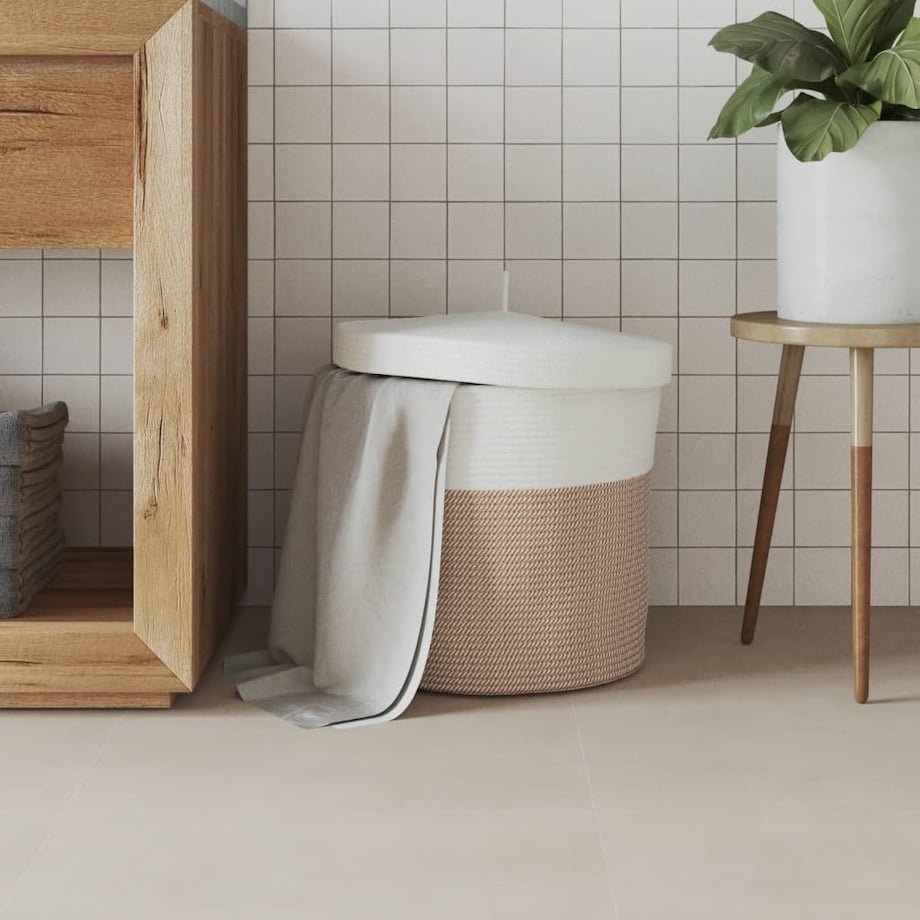 vidaXL Kosz z pokrywą, brązowo-biały, Ø40x35 cm, bawełna