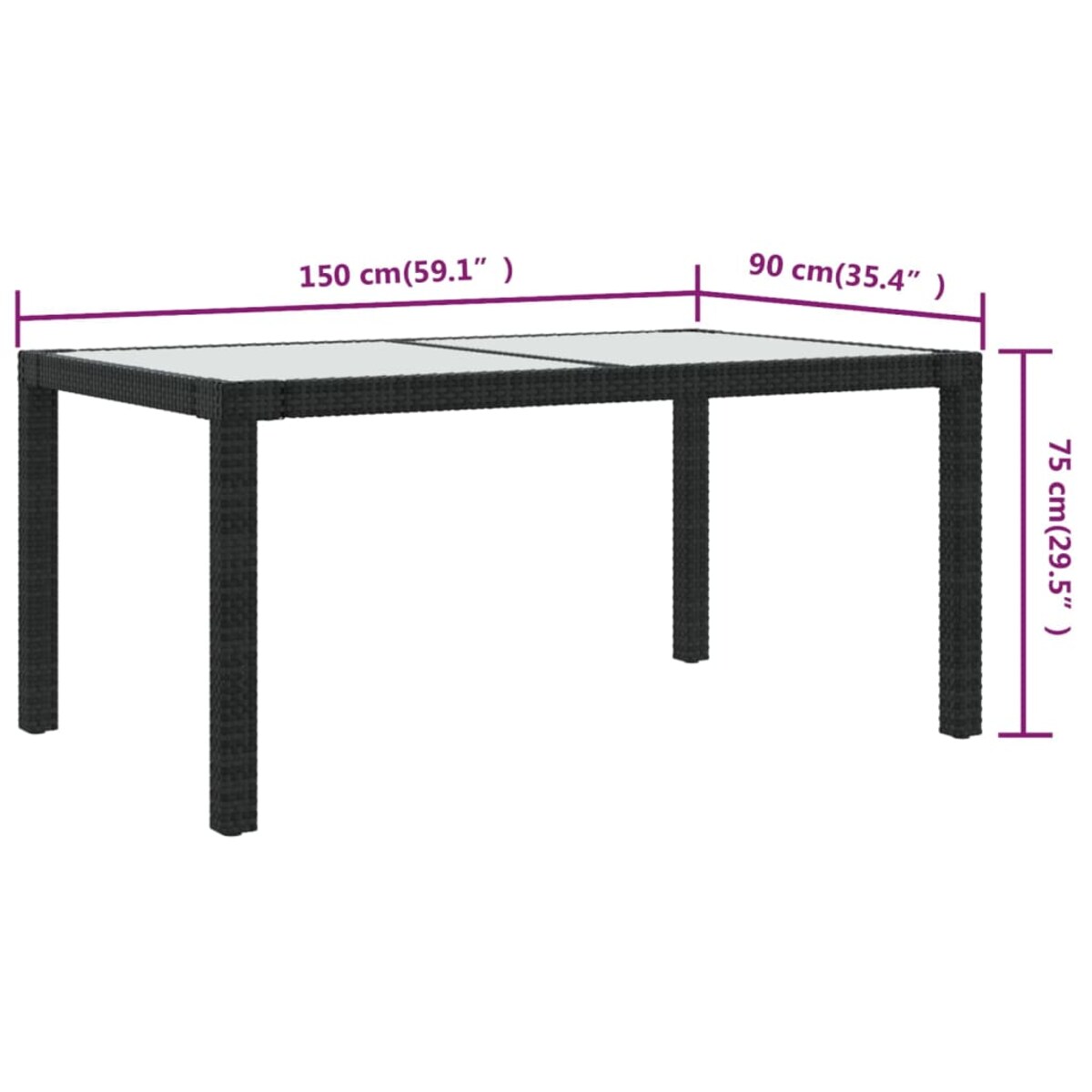 vidaXL Stół ogrodowy, 150x90x75 cm, szkło i rattan PE, czarny