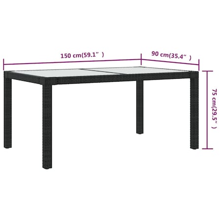vidaXL Stół ogrodowy, 150x90x75 cm, szkło i rattan PE, czarny