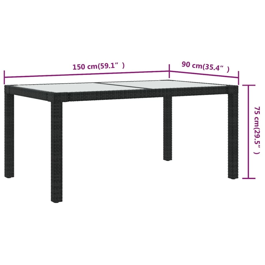 vidaXL Stół ogrodowy, 150x90x75 cm, szkło i rattan PE, czarny