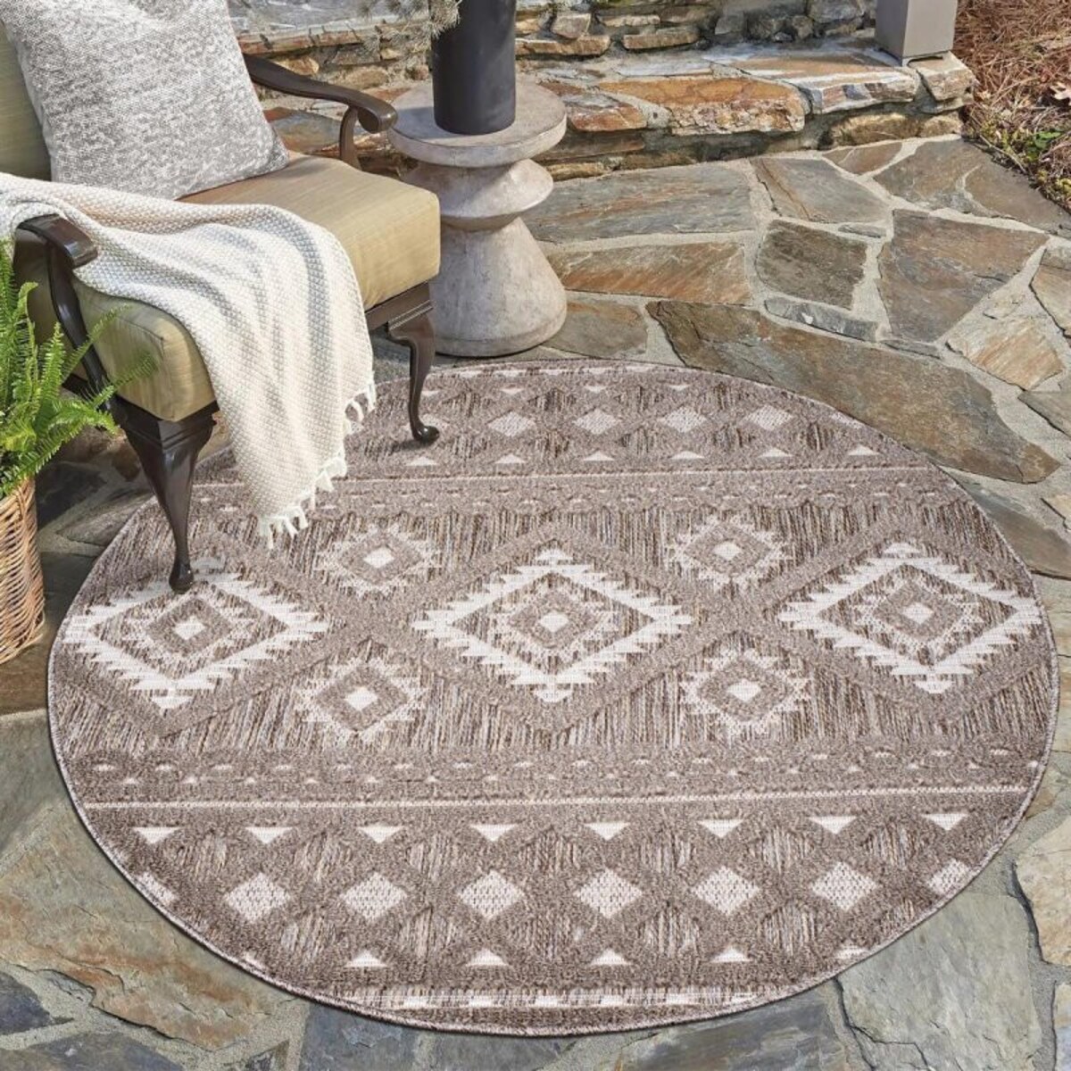 Dywan okrągły na zewnątrz i do wnętrz boho Sanori 4350 Brąz 120x120