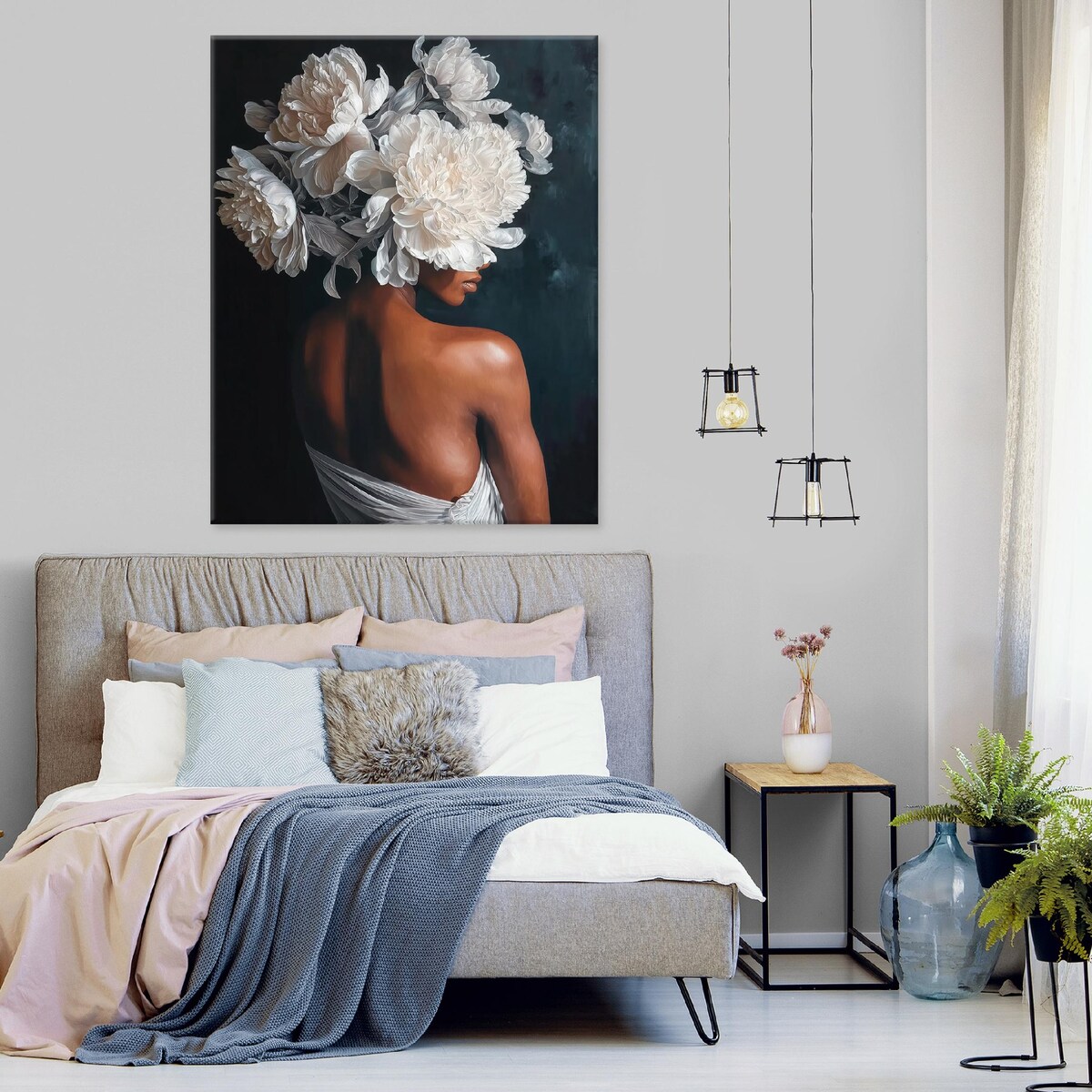 OBRAZ KOBIETA KWIATY BIAŁE ABSTRAKCJA DO SYPIALNI SALONU NA PŁÓTNIE 120x80