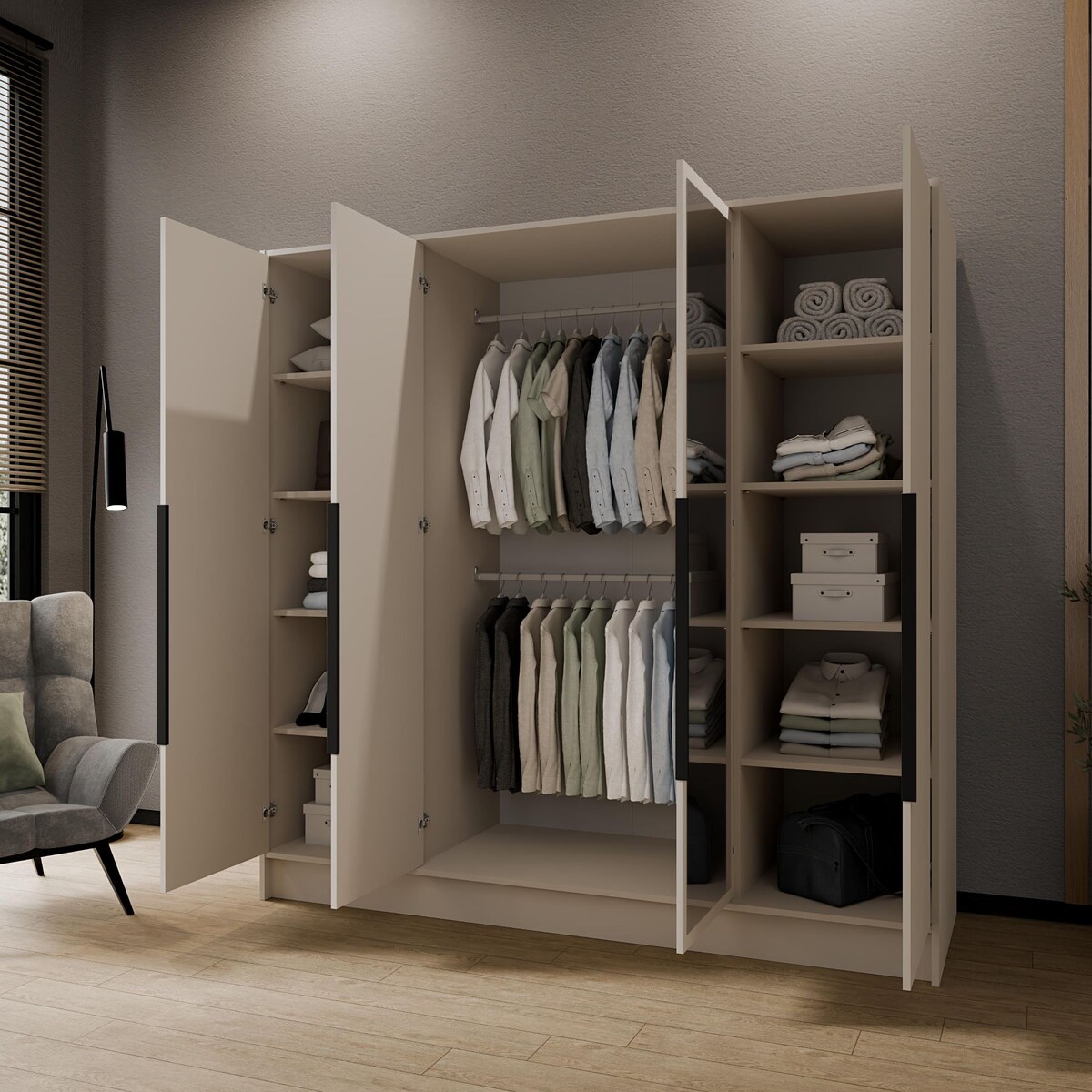 Szafa 200 gładka LUSO z lustrem i czarnymi uchwytami, kaszmirowa