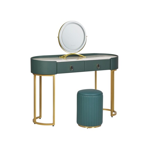 Toaletka 2 szuflady lustro LED z pufem zielono-złota VINAX