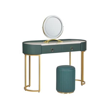 Toaletka 2 szuflady lustro LED z pufem zielono-złota VINAX