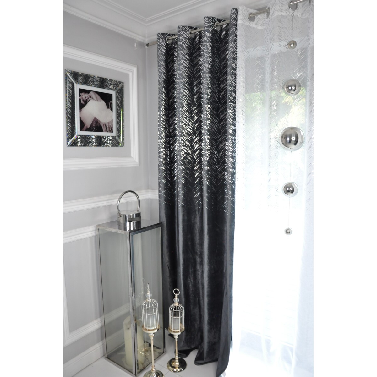 zasłona welurowa "velvet glow" srebrny print 140x250 cm stalowy