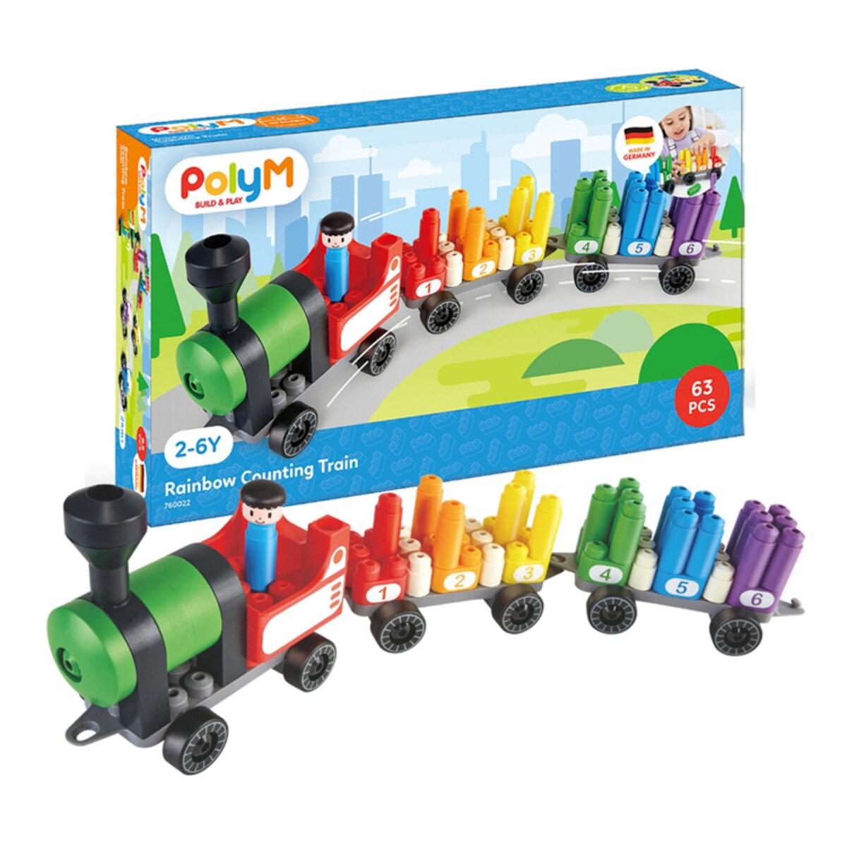 Miękkie Klocki Konstrukcyjne Tęczowy Pociąg do Liczenia 63 el. 2+ PolyM