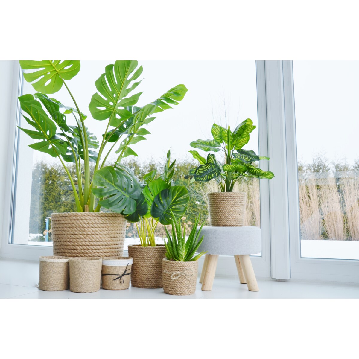 43 BOHO jutowa duża szeroka osłonka na doniczkę koszyk naturalna lina z trawy plecionej JUTA styl skandynawski etno loft wzór 43/210