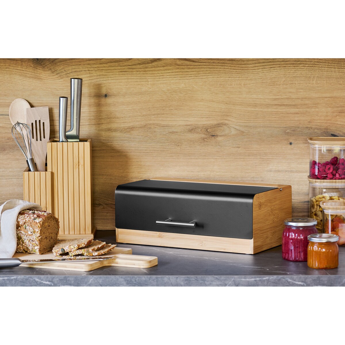 Duży chlebak bambusowy ZELLER, czarny, 36 x 20 x 13 cm