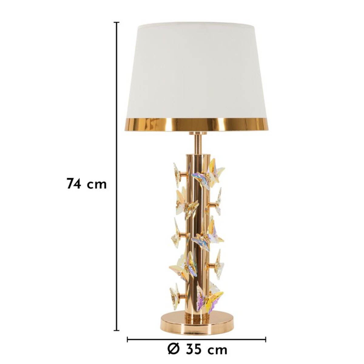 Lampa stołowa Butterfly, kolor złoty i biały, żelazo i metal, 35 x 35 x 74 cm, 1 x E27, max. 40 W, motyw: motyle, do salonu i sypialni, Mauro Ferretti