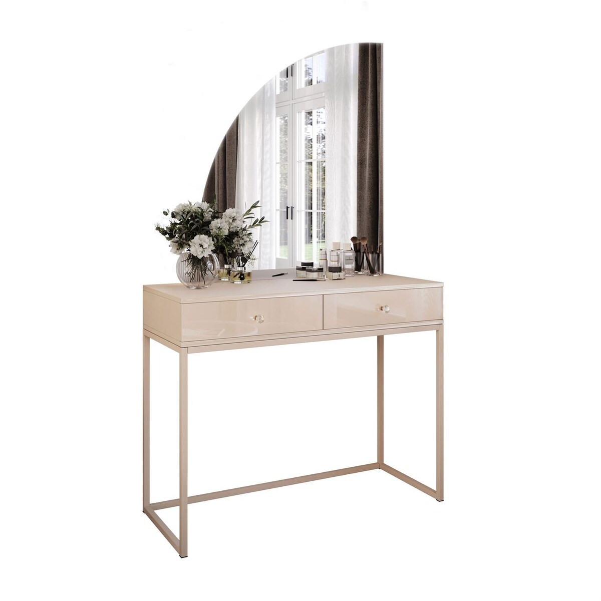 Toaletka kosmetyczna QUINNIE KASZMIR z lustrem LED złoty chrom, lewa, uchwyt biały kryształ