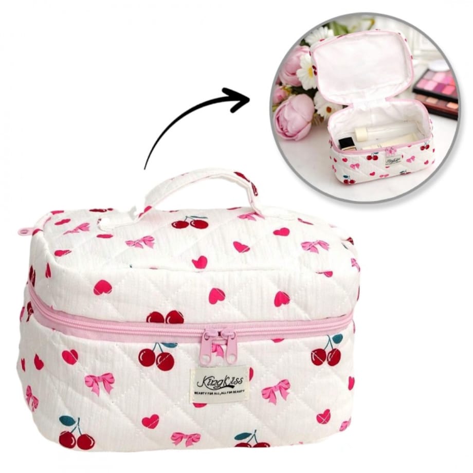 Kosmetyczka damska pikowana kuferek wisienki, kokardki 16 x 16 x 25 cm KS150