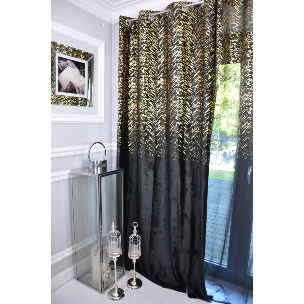 zasłona welurowa "velvet glow" złoty print 140x250 cm czarny