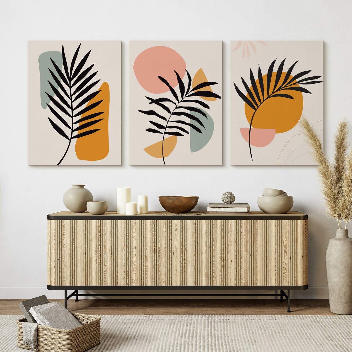 OBRAZY DO SALONU SET LIŚCIE PALMOWE NATURA ABSTRAKCJA STYL BOHO 90x40cm