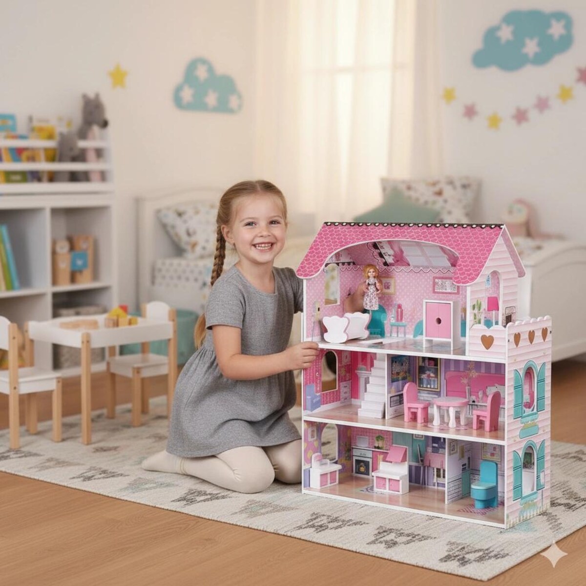 Domek dla lalek WOOPY LED drewniany XL – 3-poziomowy domek z 8 mebelkami i balkonem