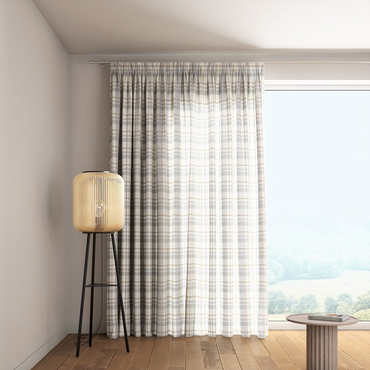 Zasłona na taśmie marszczącej 1 szt. 130x245 kratka beżowo-szary melanż