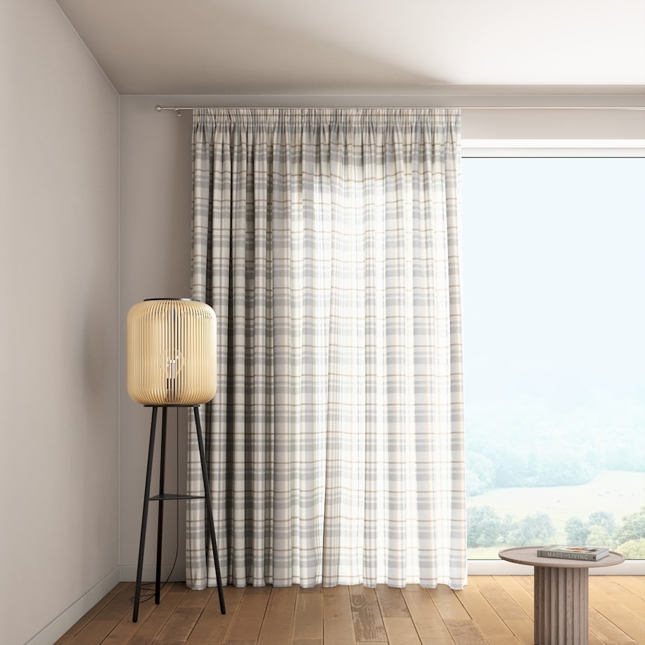 Zasłona na taśmie marszczącej 1 szt. 130x245 kratka beżowo-szary melanż