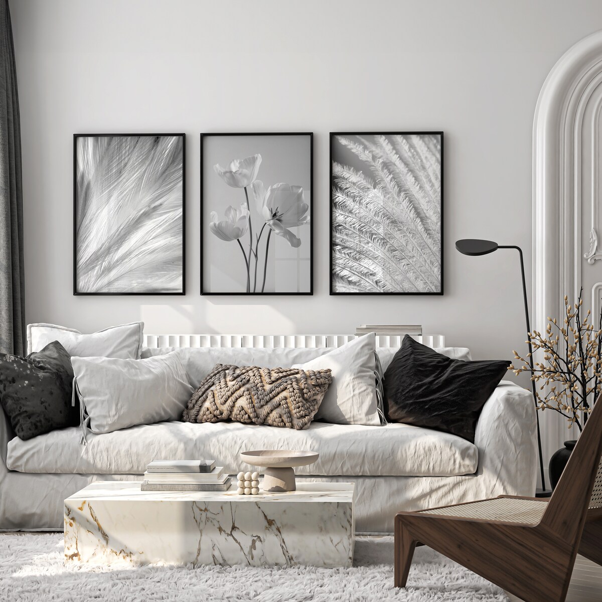 ZESTAW 3X PLAKAT W RAMIE CZARNO-BIAŁE PIÓRA TULIPANY KWIATY DO SALONU 60x80cm