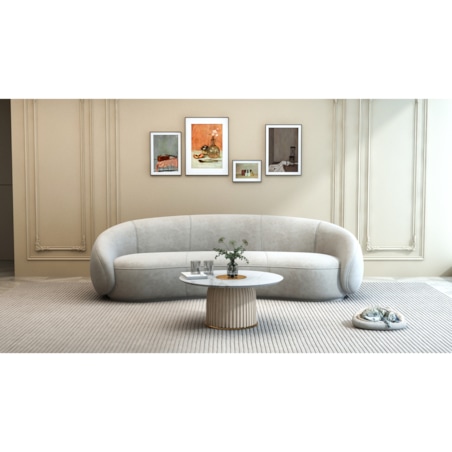 Nowoczesny złoty stolik kawowy okrągły plisowany Premium Blanka z kamiennym blatem o wzorze marmuru 80x80x37