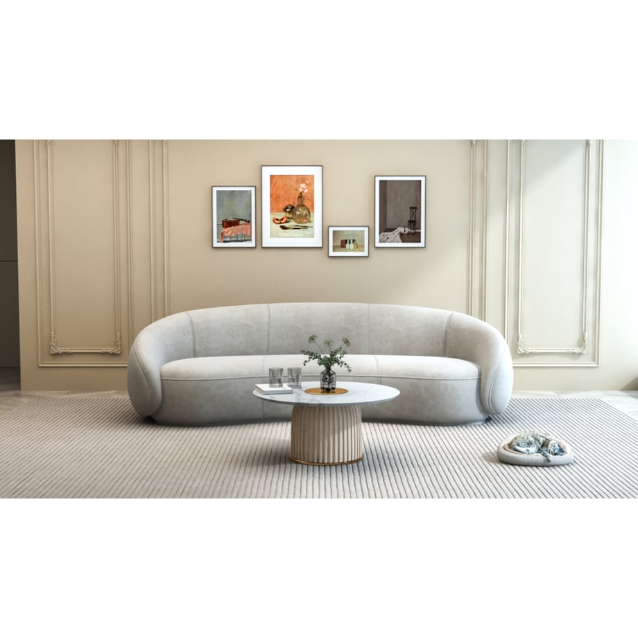 Nowoczesny złoty stolik kawowy okrągły plisowany Premium Blanka z kamiennym blatem o wzorze marmuru 80x80x37