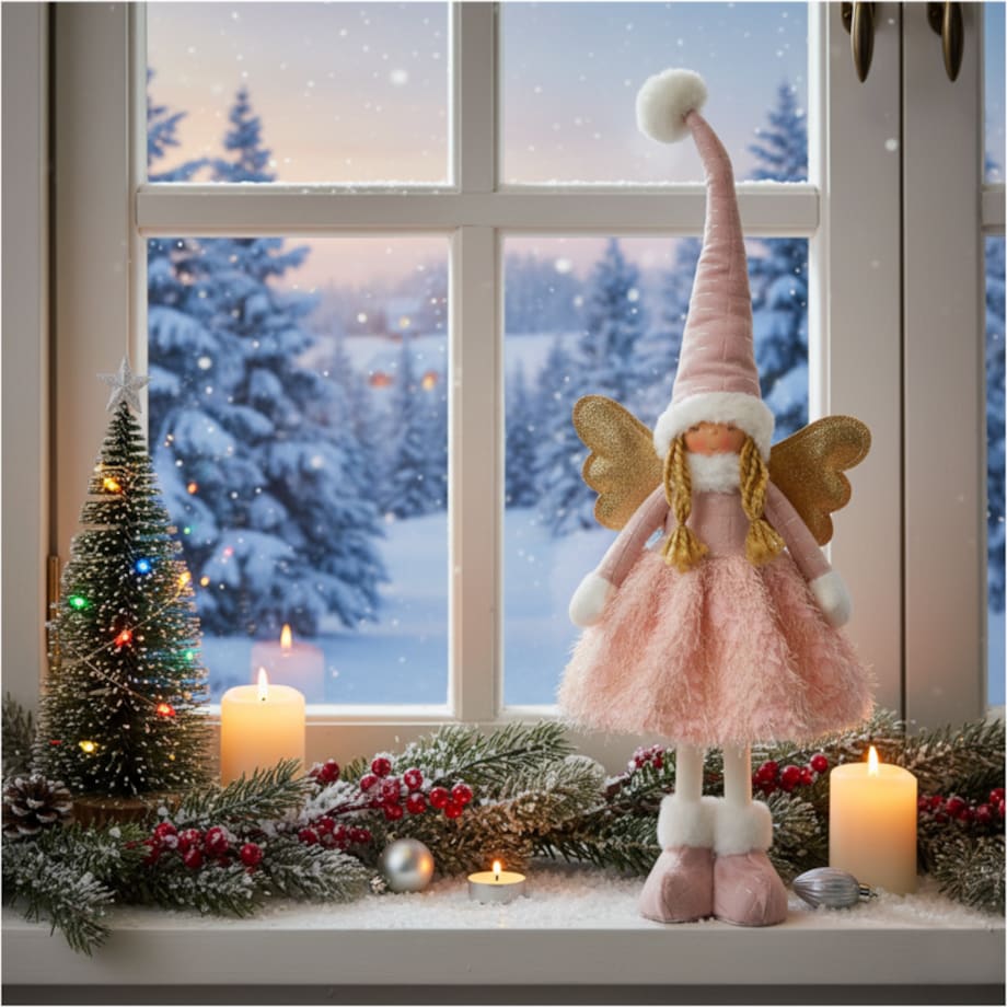 Aniołek Figurka Stojący 50 Cm Świąteczny Boże Narodzenie Różowa Czapka