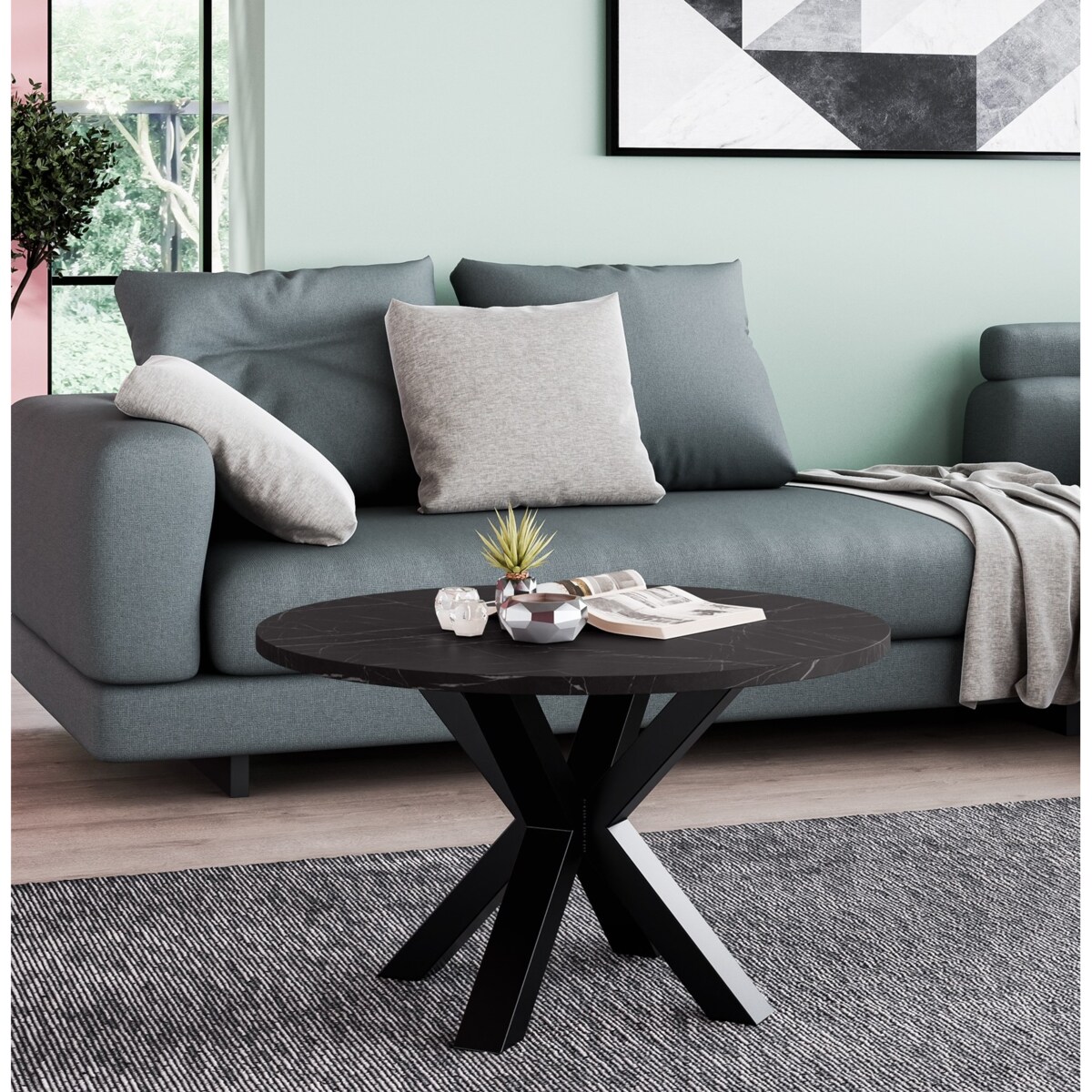 Stolik kawowy NEO okrągły 58 cm, metalowa podstawa- marmur czarny