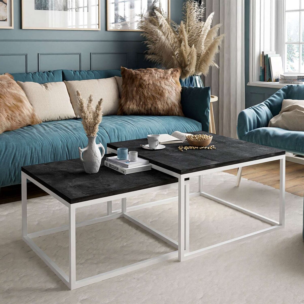 Stolik kawowy ława YOSHI 2w1 biały ciemny beton 40/46 cm